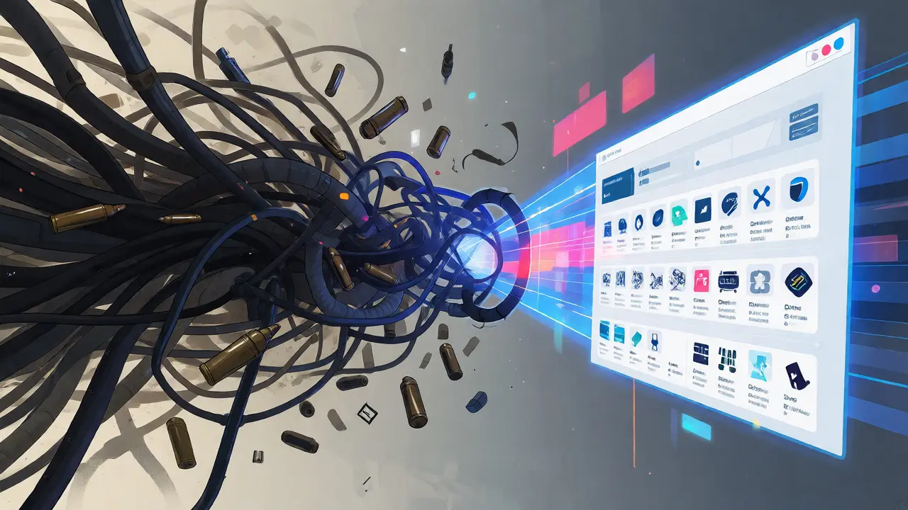 Conceptual image of chaotic cables turning into organized digital dashboard