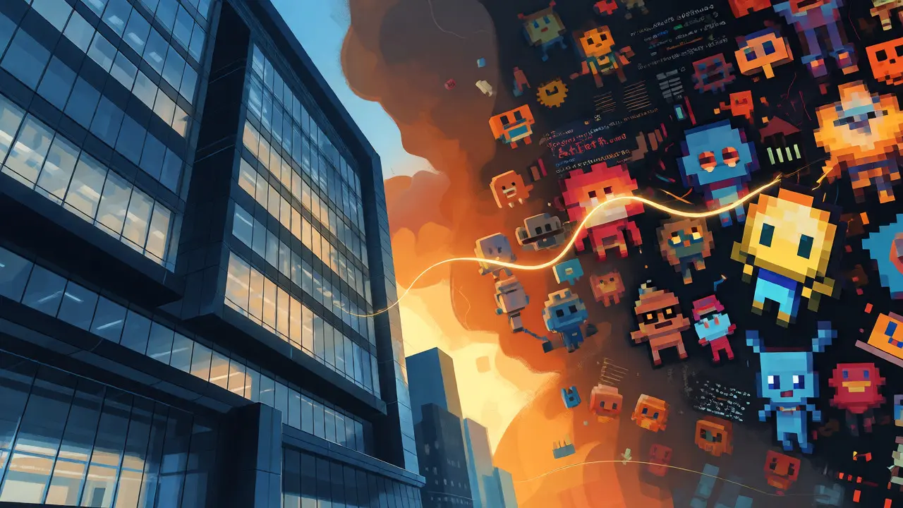 Conceptual image showing corporate buildings clashing with colorful pixel art game elements