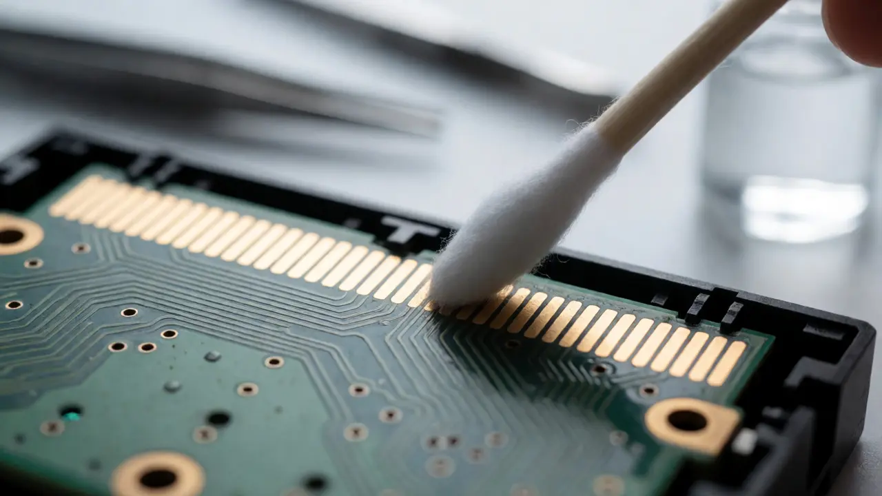 Cotton swab cleaning gold contacts on an exposed game cartridge circuit board