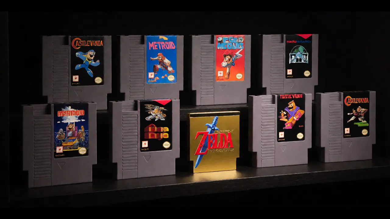 Curated shelf display of essential NES games including Zelda and Mario in their boxes.