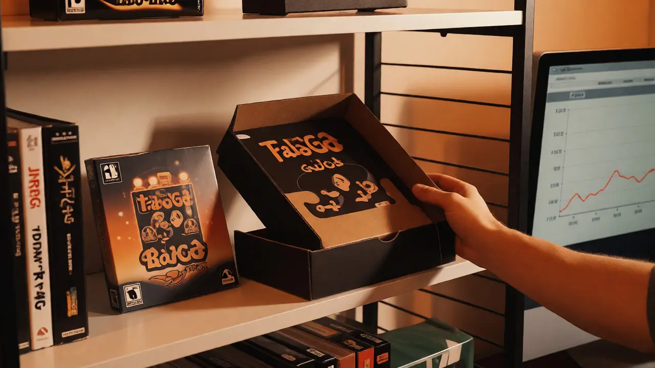 Curated shelf of select video games with a hand opening a complete-in-box copy