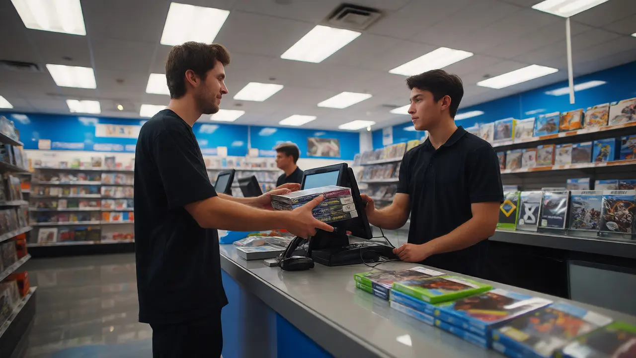 Customer handing organized games to a retailer at a store counter