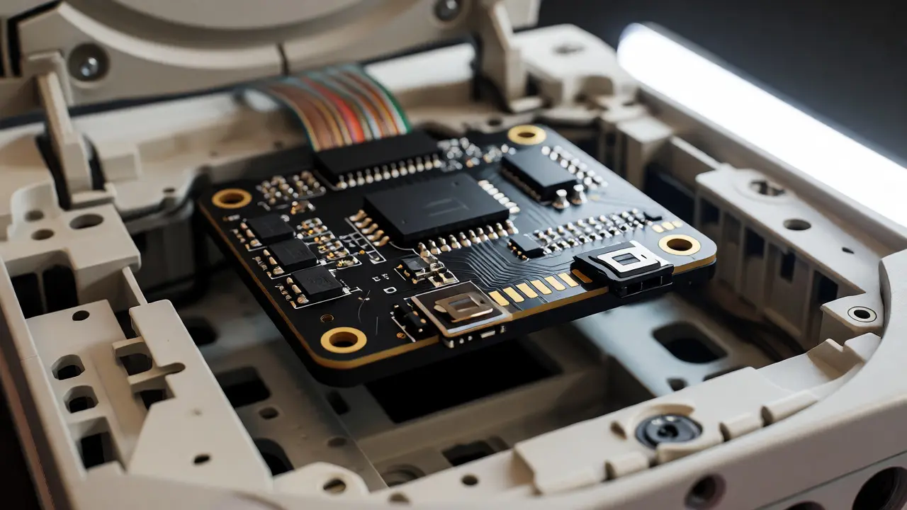 Detailed view of a GDEMU circuit board installed inside a Sega Dreamcast console bay with an SD card inserted.