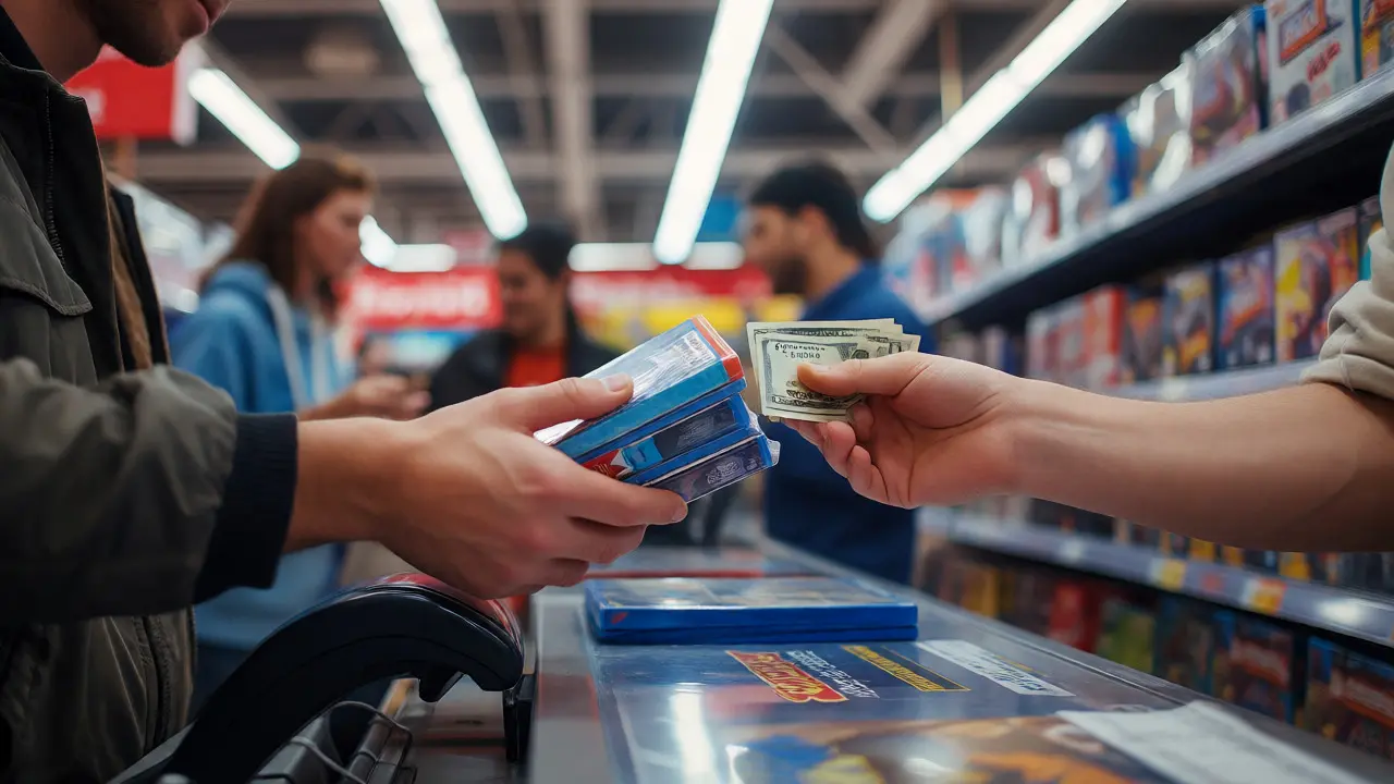 Hands exchanging game discs and cash at a retail store counter