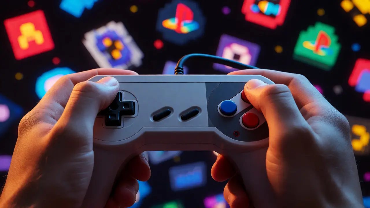Hands holding controller with pixel art background