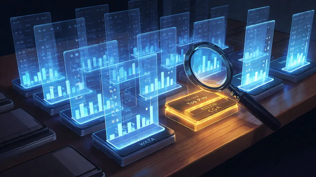 Holographic data streams rising from graded game slabs representing population reports.