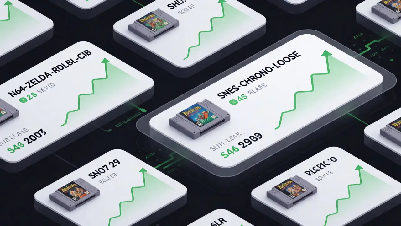 Holographic video game SKU cards with sales trend graphs