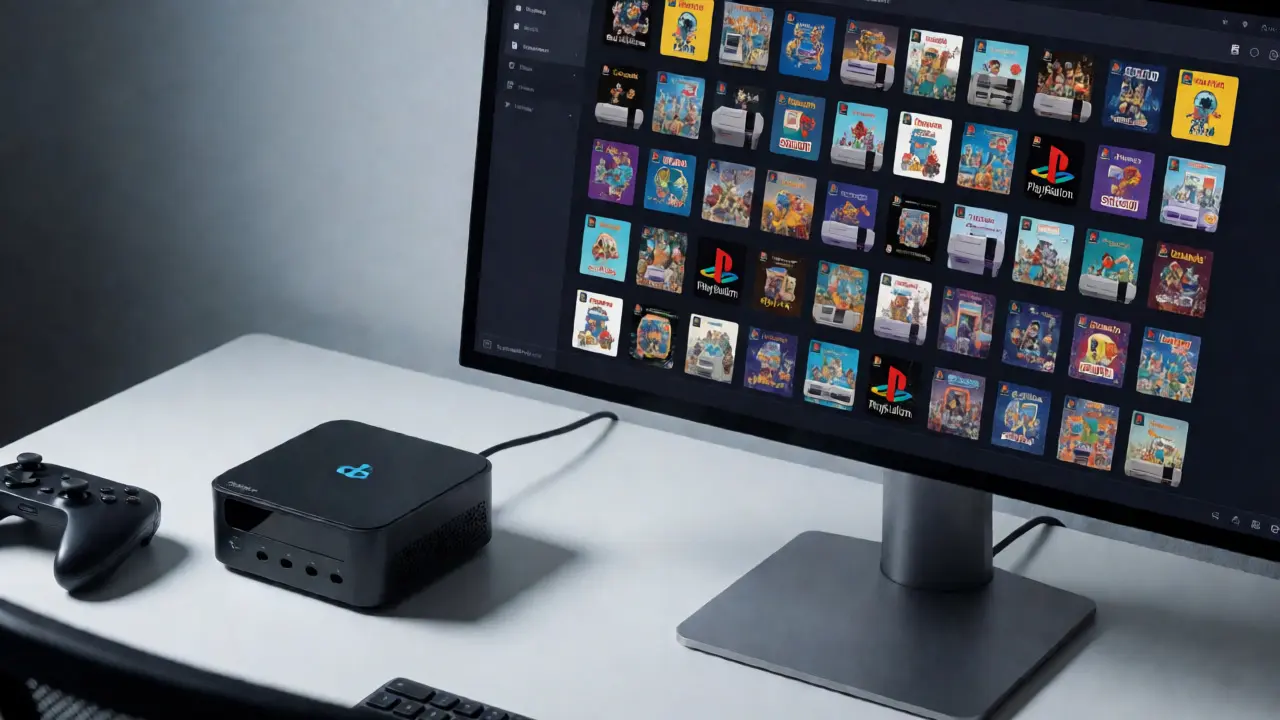 Mini PC connected to a monitor displaying the EmulationStation retro game library
