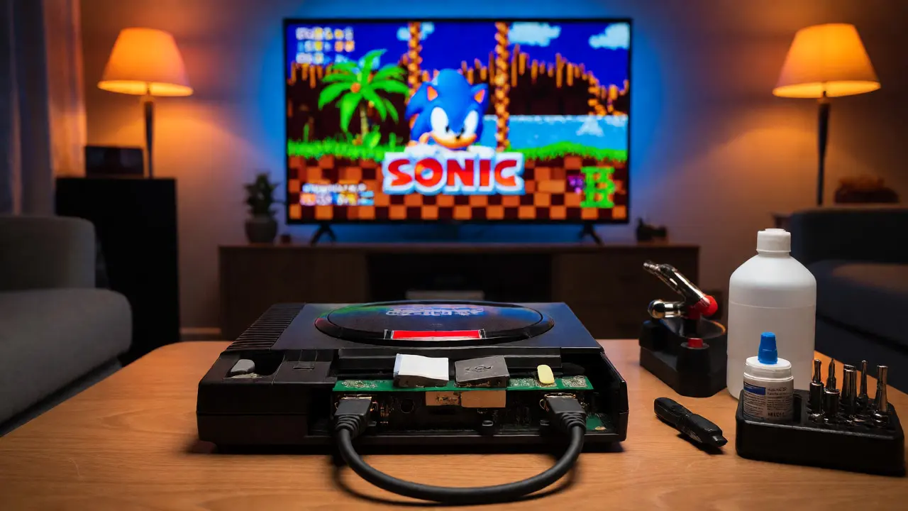 Open Sega Genesis with HDMI mod kit tools next to a modern TV