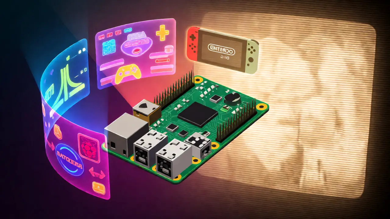 Raspberry Pi 4 surrounded by holographic retro game icons and CRT effects