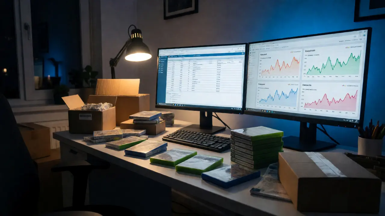 Reseller's desk with games and price tracking monitors