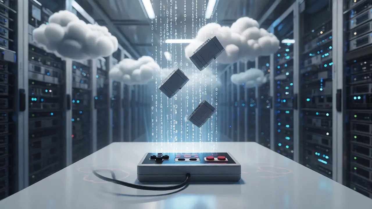 Retro controller on a table with data streams rising into a cloud server environment