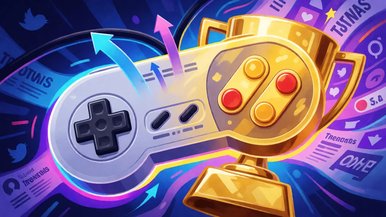 Retro controller turning into gold amidst swirling social media icons and trends.