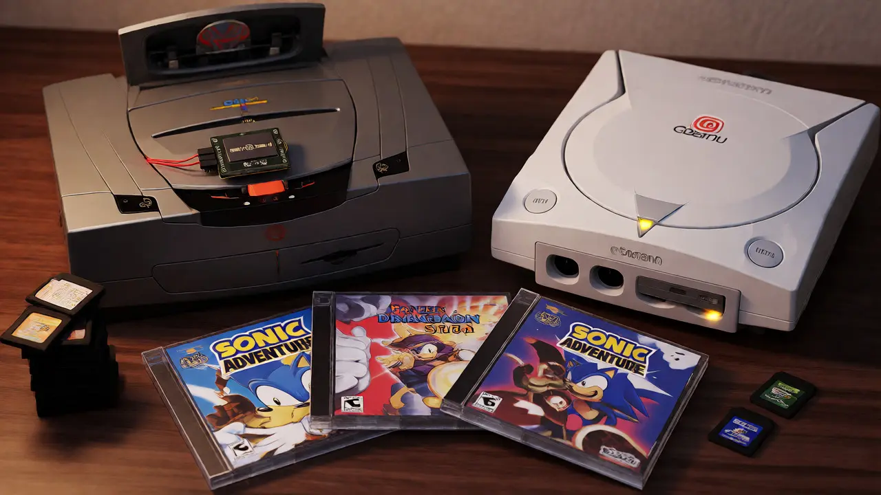 Sega Saturn and Dreamcast consoles displayed with internal emulator hardware and SD cards on a desk.