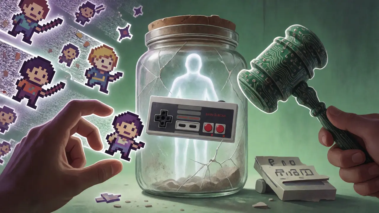Surreal concept art showing a ghostly controller trapped in a jar amidst legal symbols.