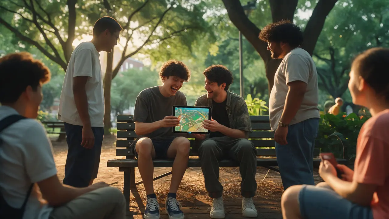 Two gamers laughing together in park with AR map
