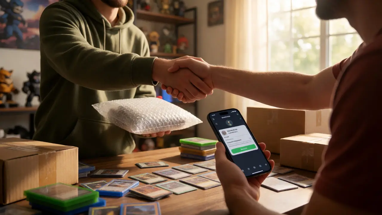 Two gamers shaking hands over a table with trading cards and a phone showing a review