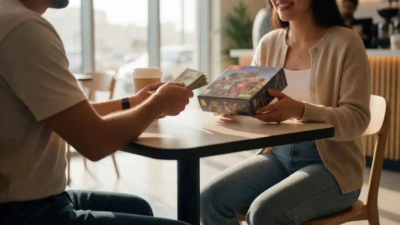 Two people exchanging cash and a video game at a sunny coffee shop meetup