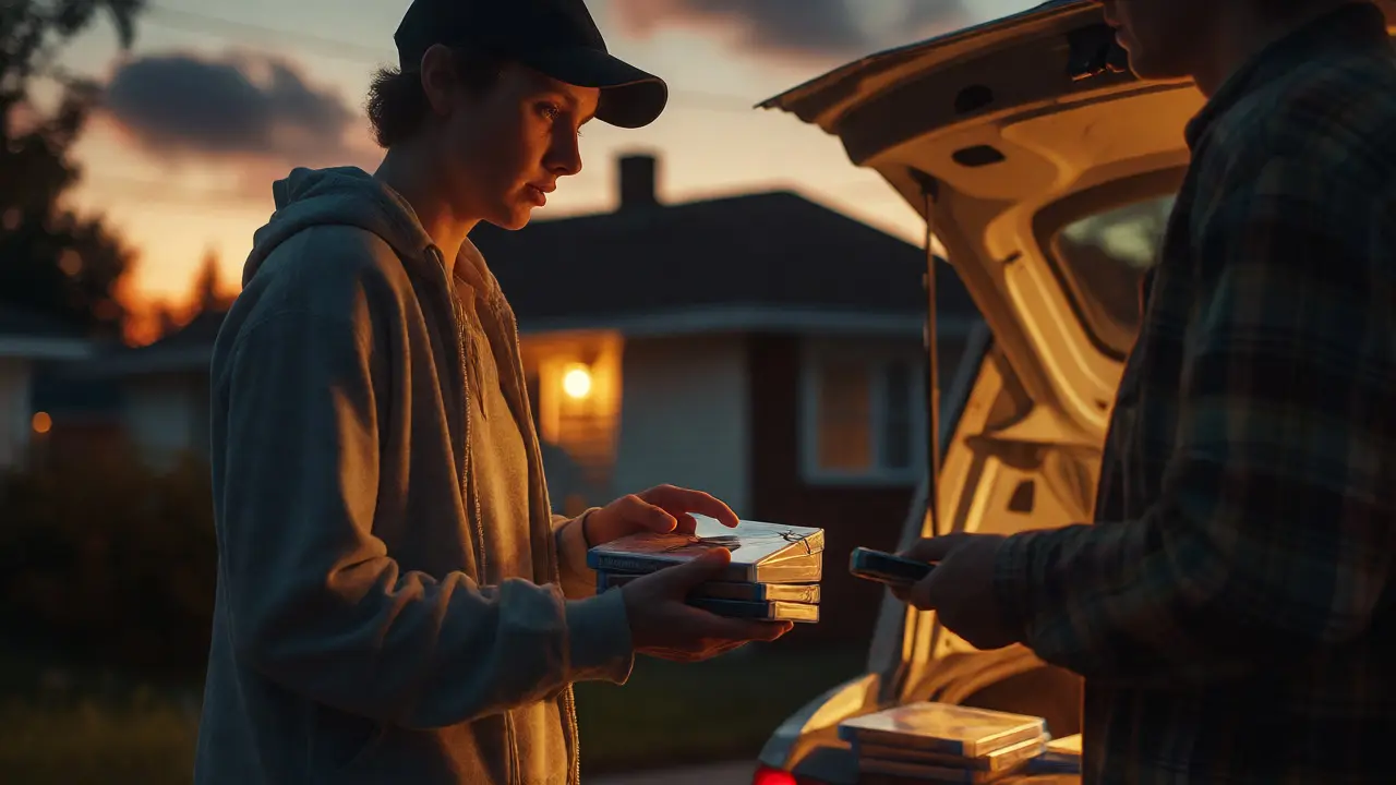 Two people negotiating over video games near an open car trunk at dusk.