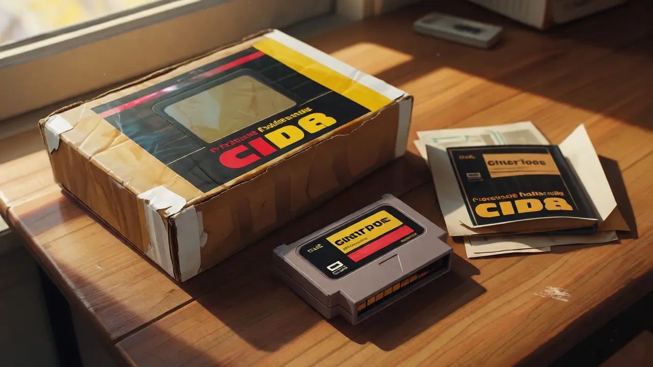 Worn retro game box with corner damage next to a loose cartridge and manual.