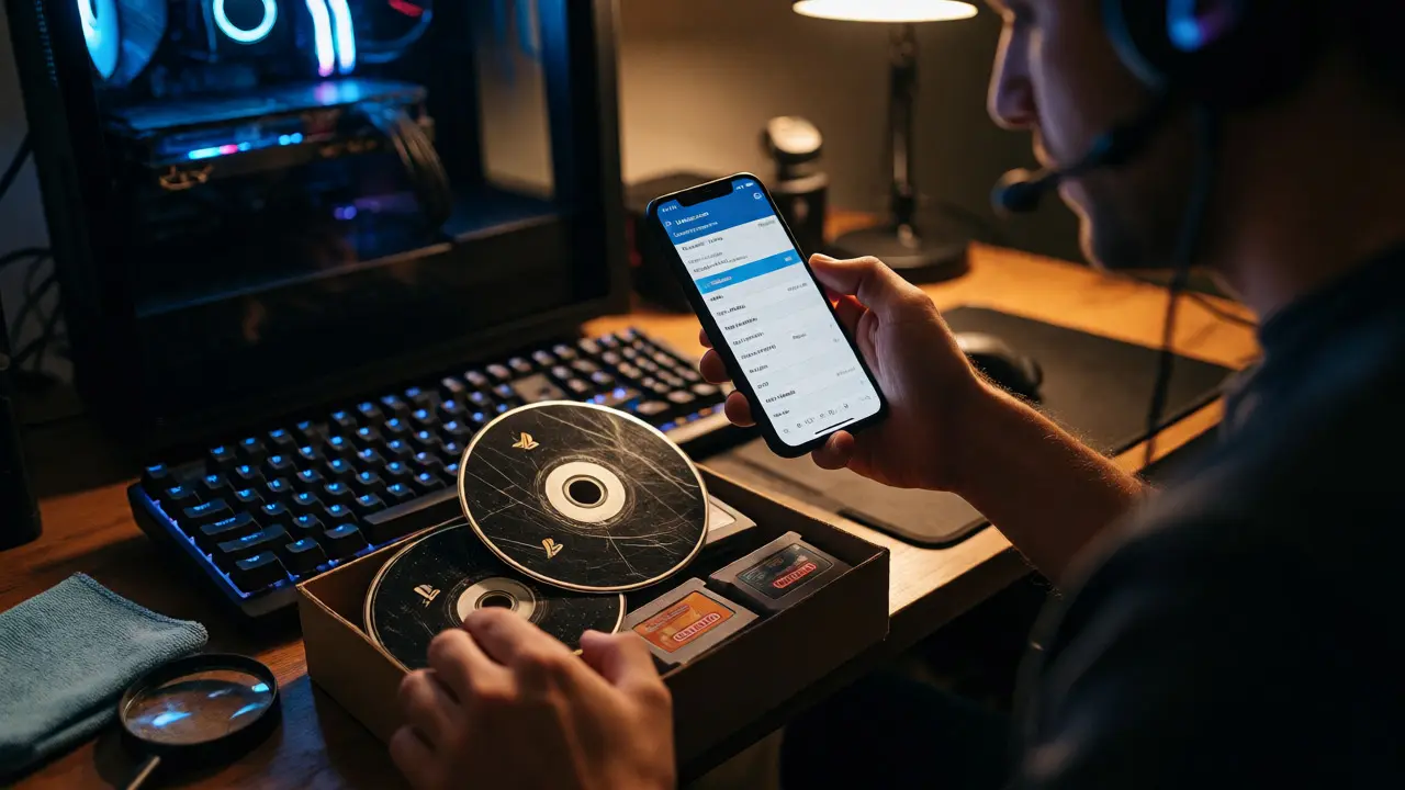 A gamer inspecting used games and checking online values before trading in.