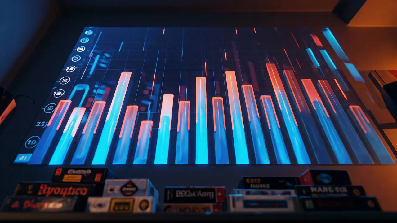 Abstract visualization of rising bids during a video game auction