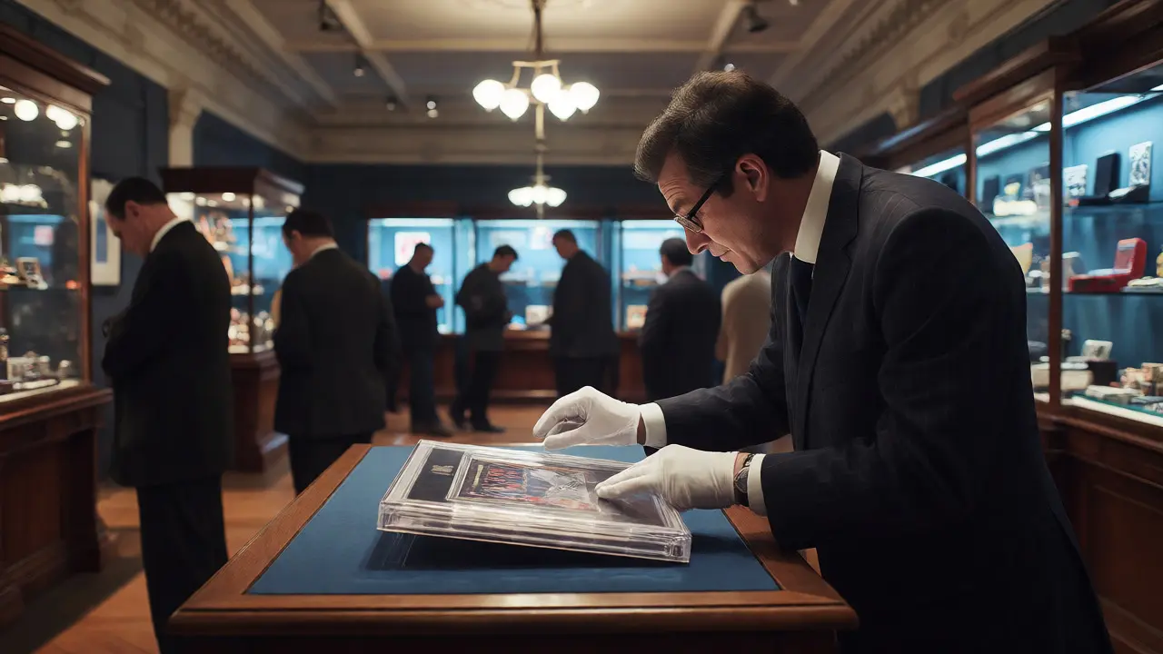 Appraiser inspecting a graded video game at an auction house