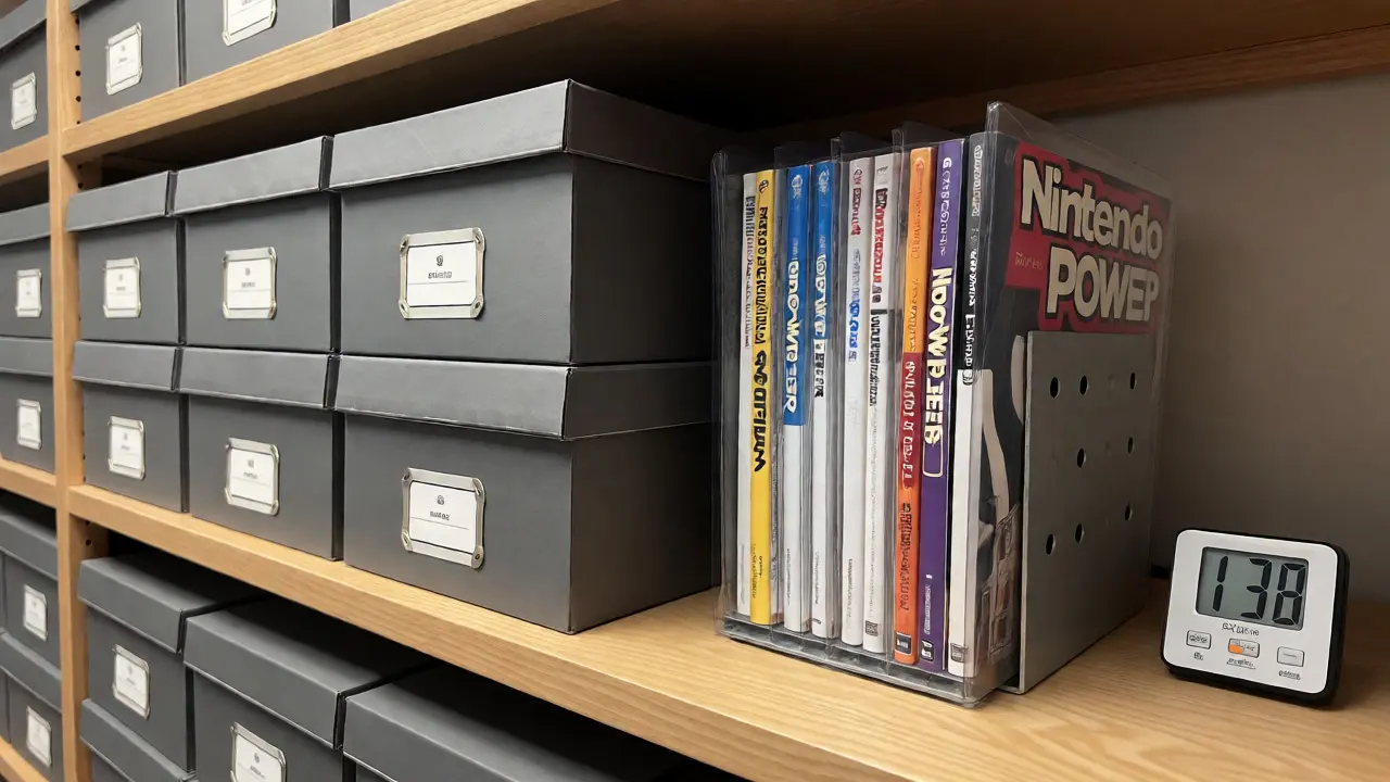 Archival boxes and sleeved video game manuals organized on a shelf with a hygrometer.