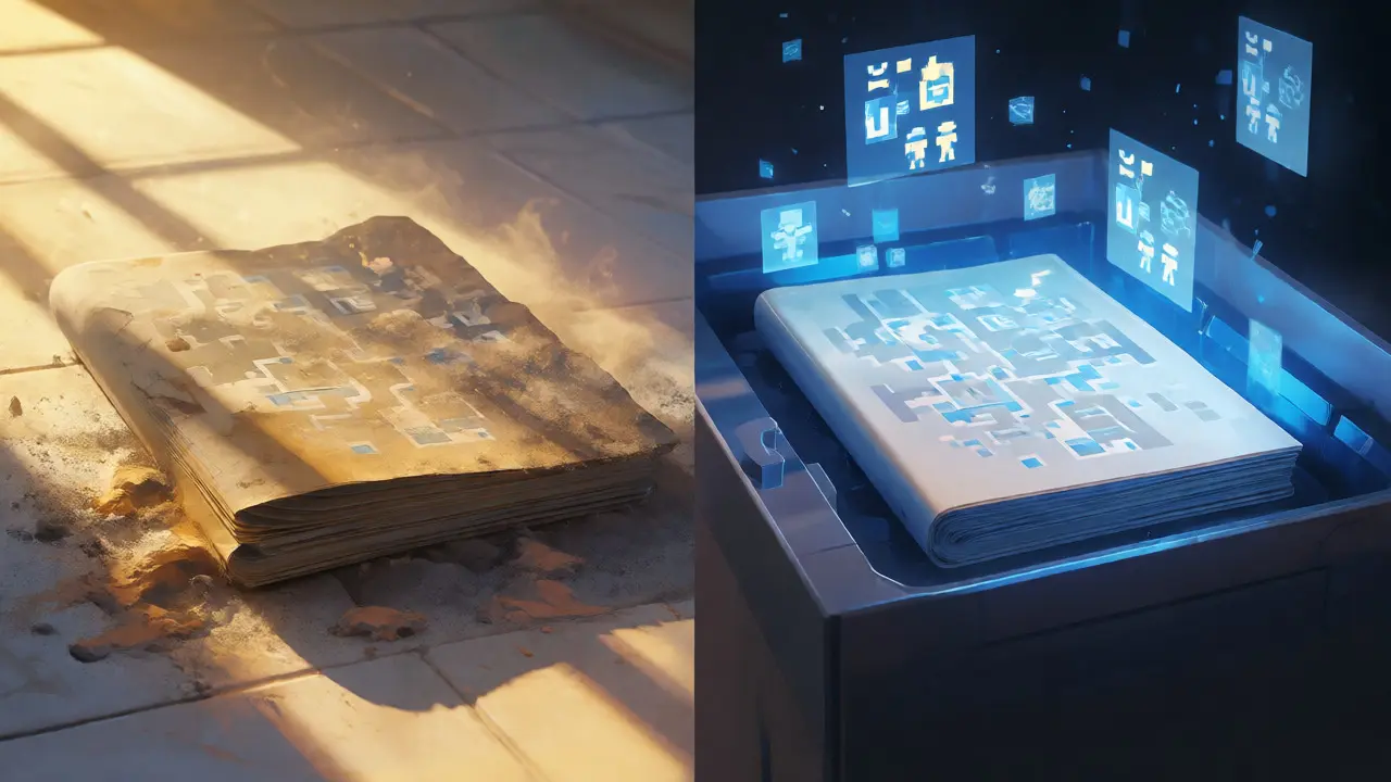 Artistic comparison of a decaying manual versus one preserved in a cool, dark archival box.