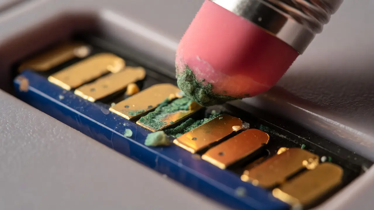 Close-up of pencil eraser cleaning oxidized gold contacts on a SNES cartridge
