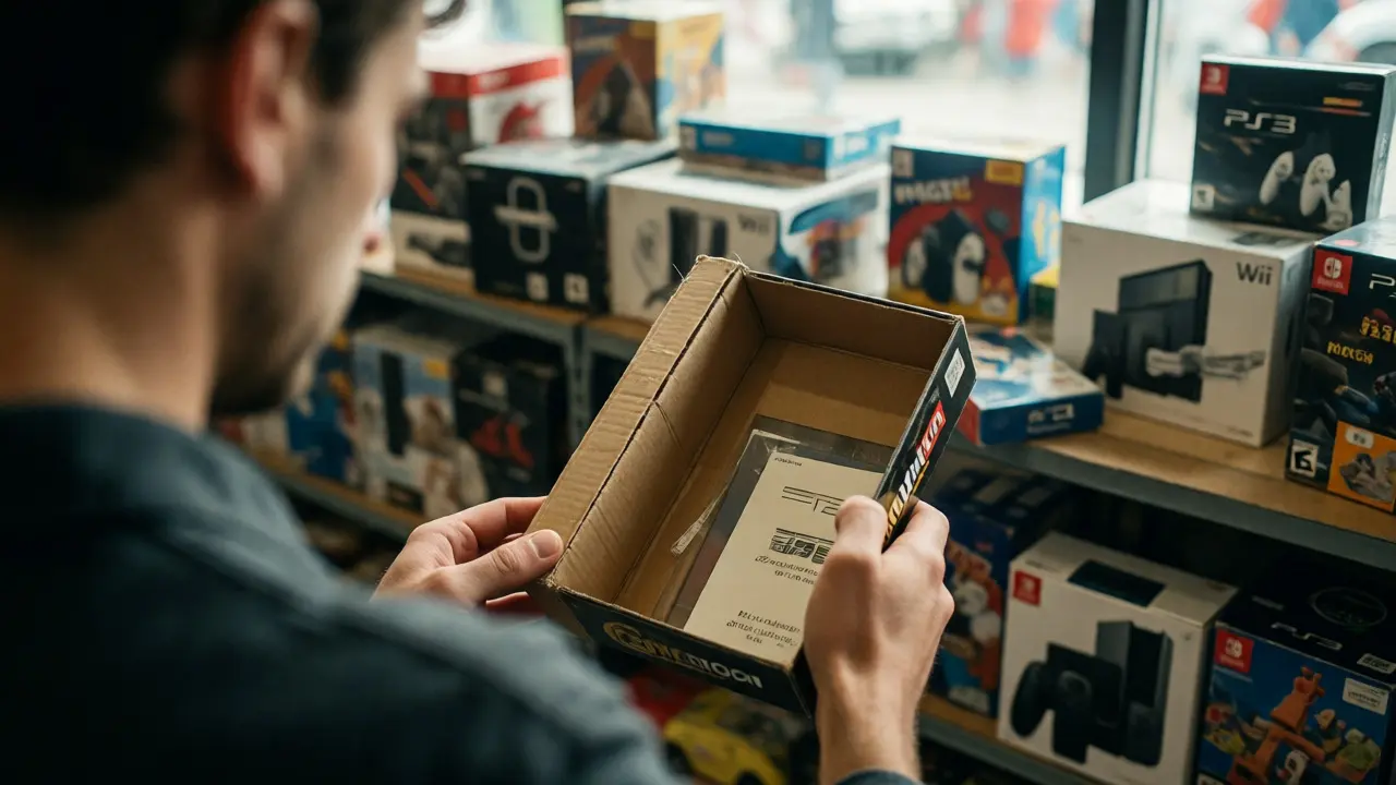 Collector inspecting a used game box for damage and missing inserts in natural light.