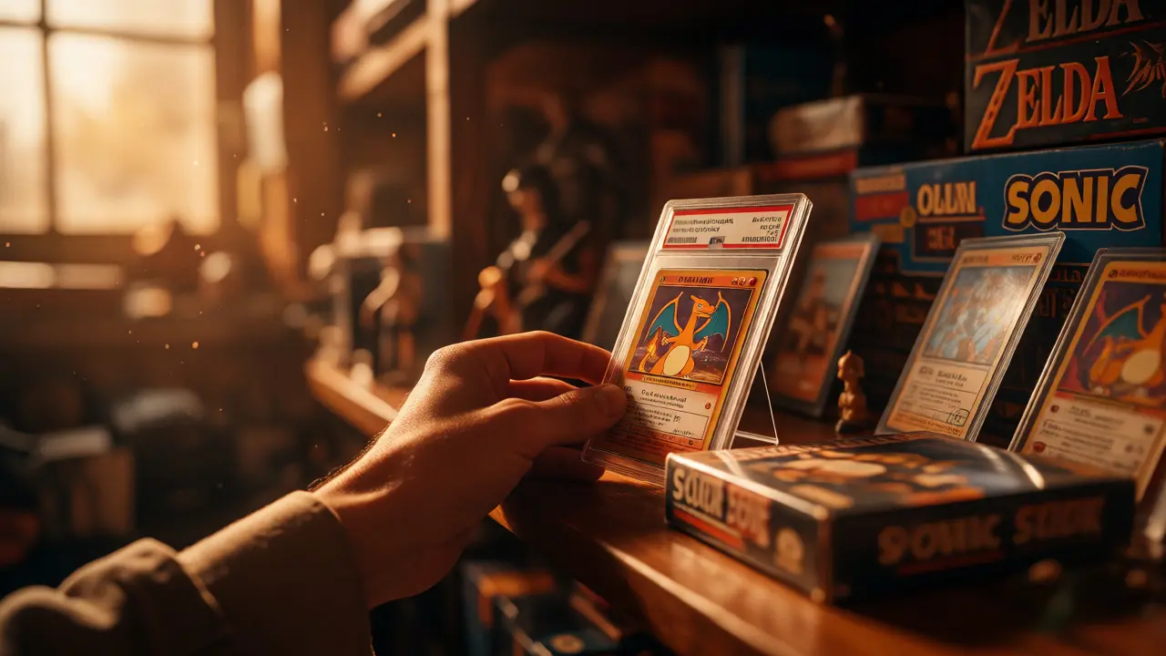 Collector placing a graded Pokémon card next to retro games on a sunlit shelf.