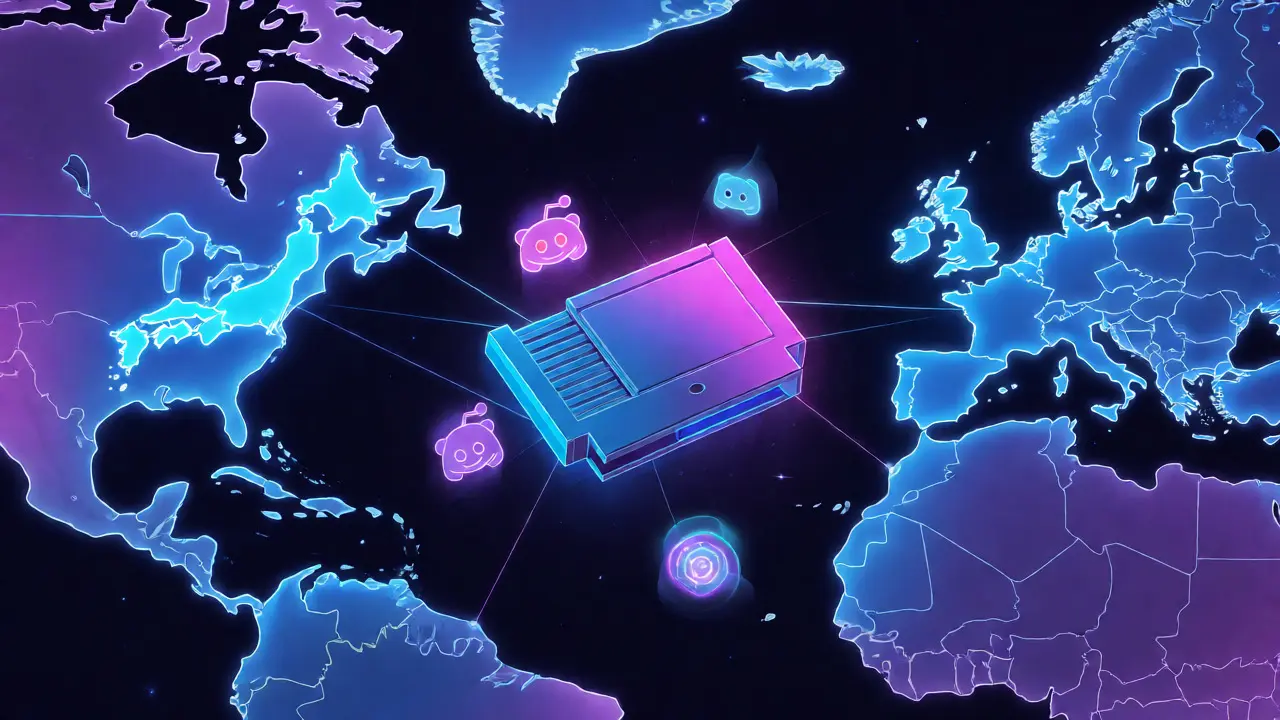 Conceptual art showing a rare game cartridge connected to global community engagement metrics.