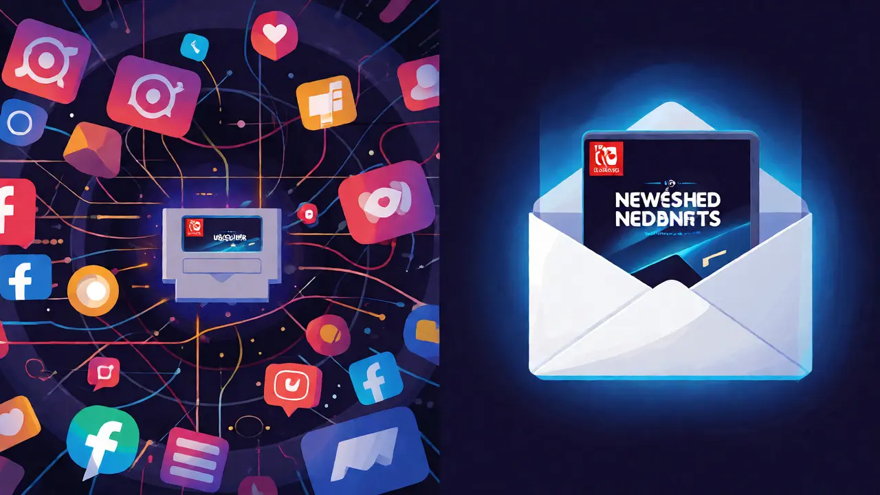 Conceptual split-screen comparing chaotic social media feeds with a calm, curated email newsletter.