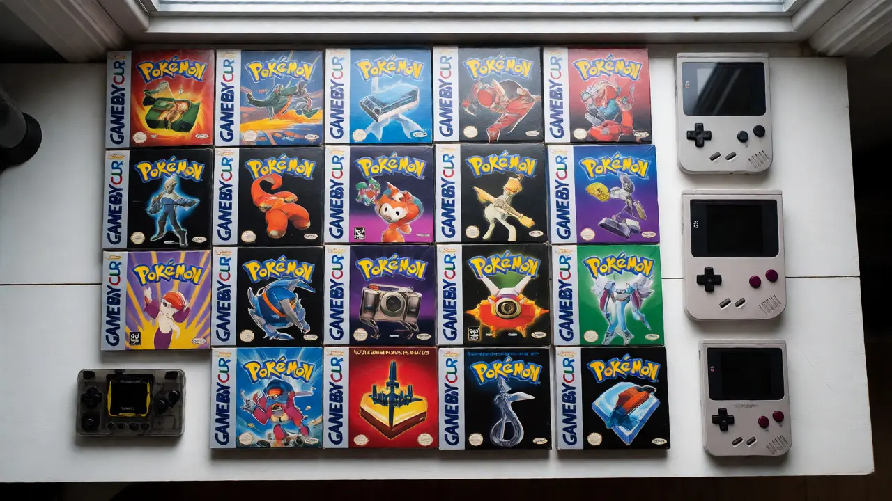 Flat lay of curated Game Boy Color Pokémon games on a white desk.