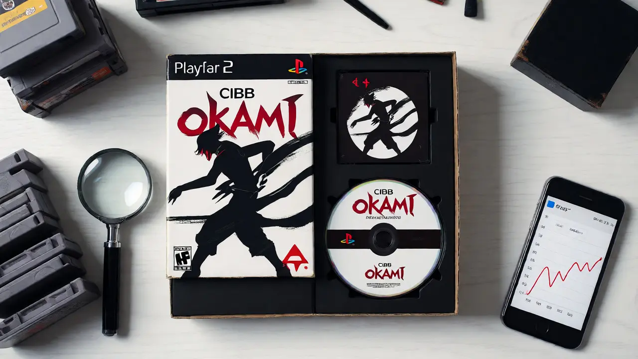 Flat lay of Okami PS2 game with manual and box alongside inspection tools