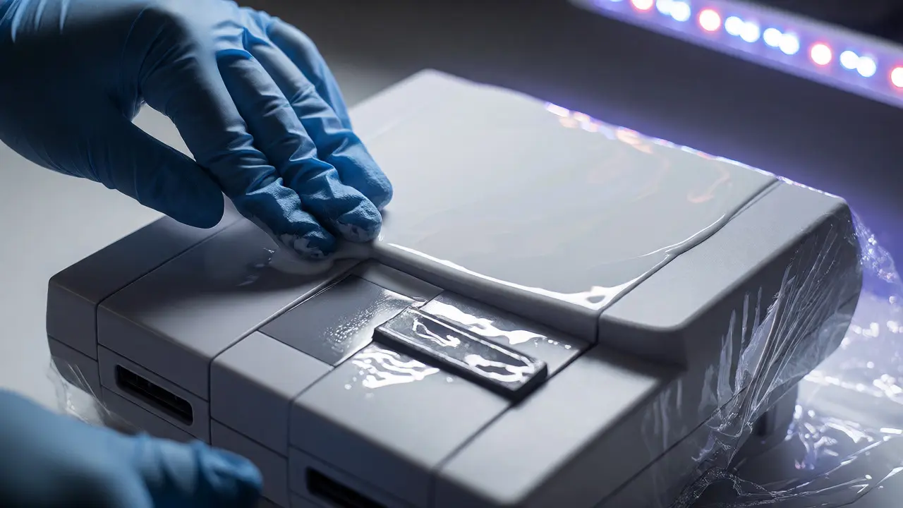 Gloved hands applying white peroxide cream to SNES shell under UV light