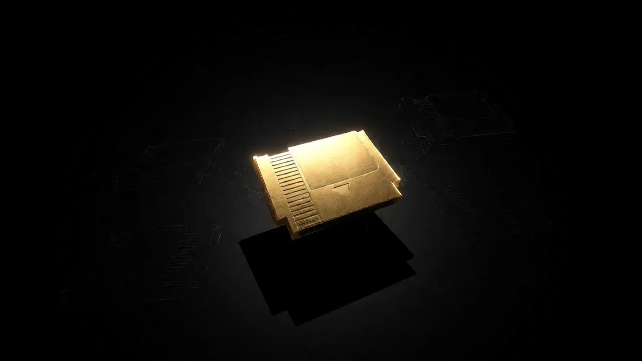 Glowing golden Nintendo World Championships cartridge floating against a dark background.