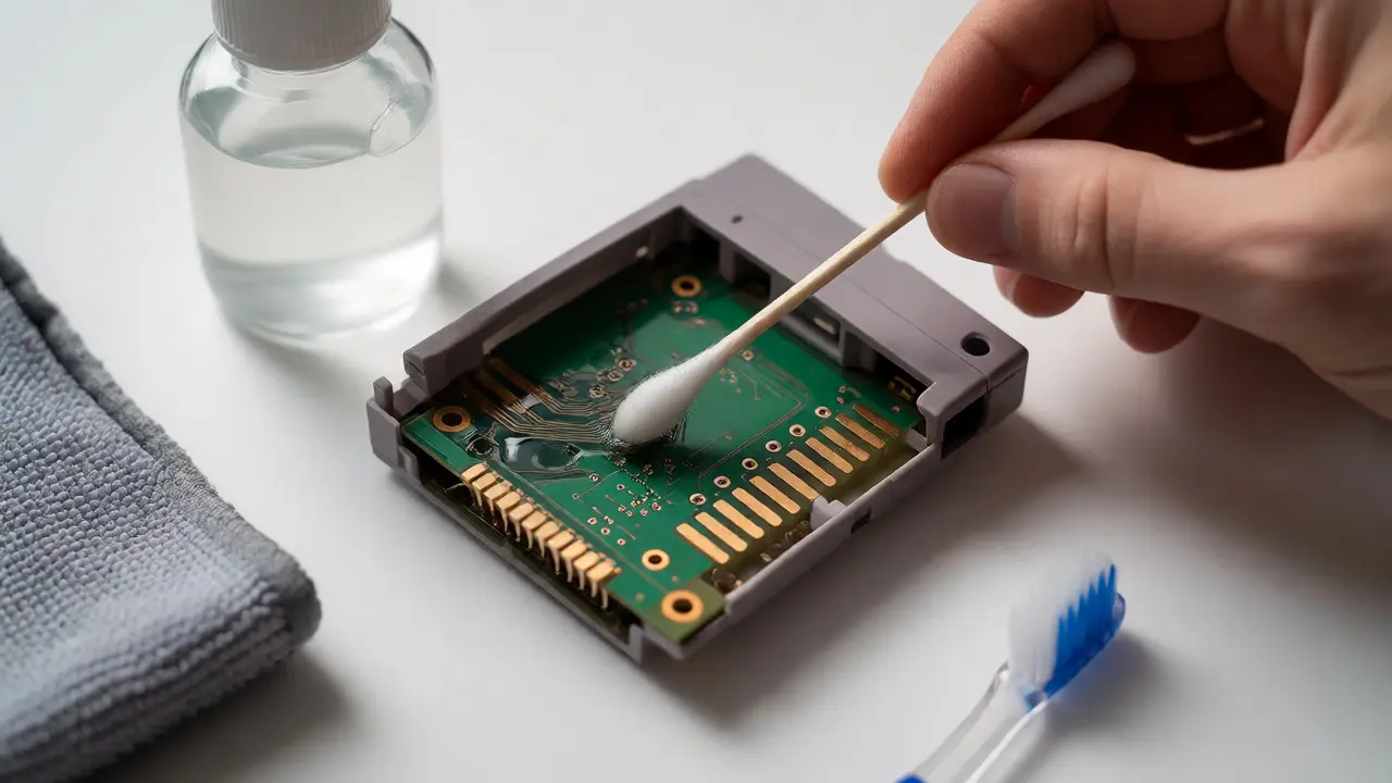 Hand using a cotton swab to clean the circuit board of an opened game cartridge.
