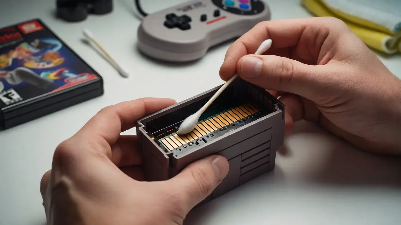 Hands carefully cleaning the gold contacts of a vintage game cartridge with a cotton swab.