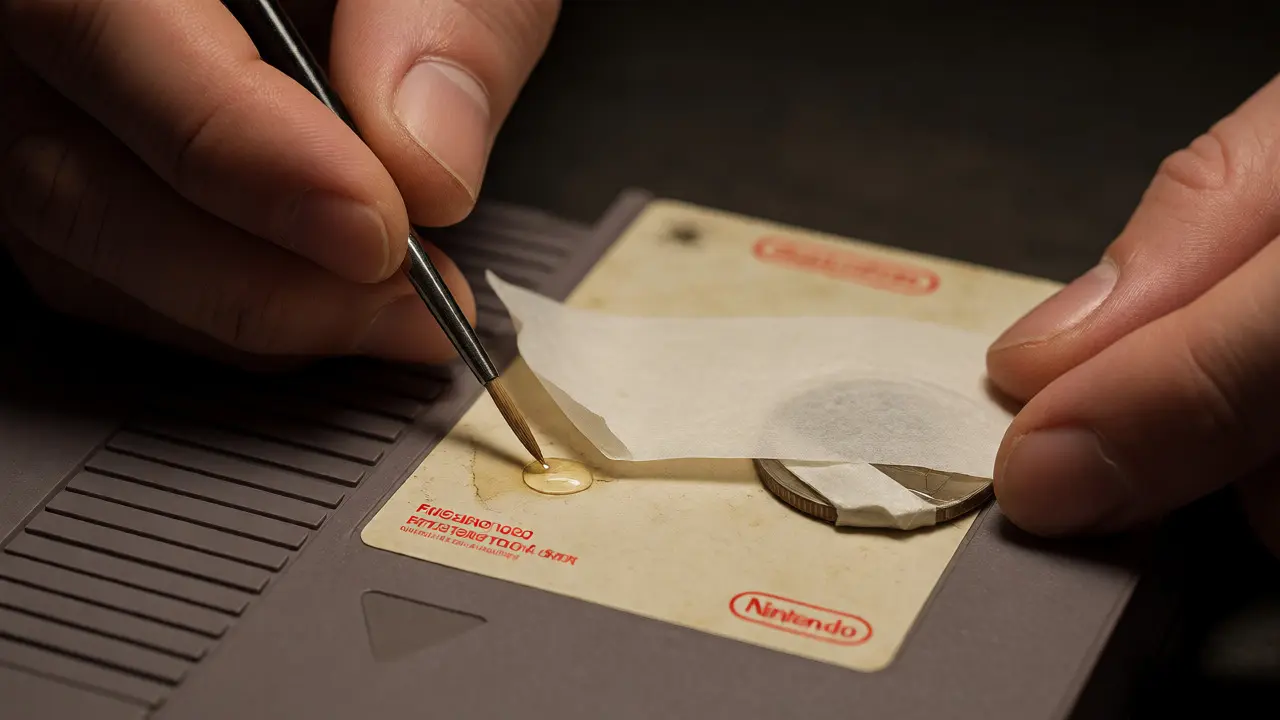 Hands repairing NES cartridge label with adhesive and weight