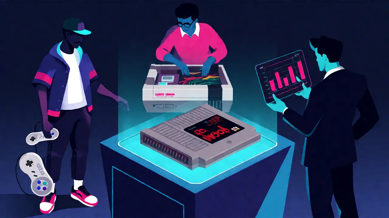 Illustration of three collector personas analyzing a graded Pokémon game.