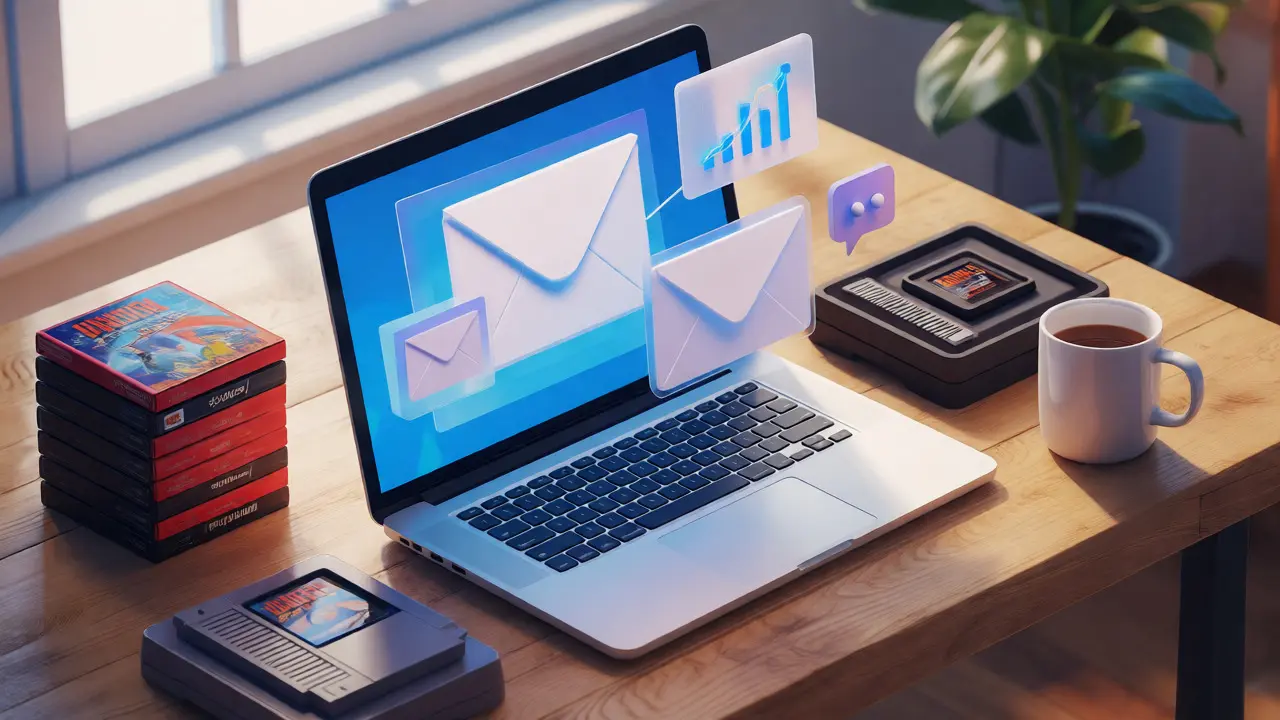 Isometric view of a creator's desk with retro games and digital newsletter icons.