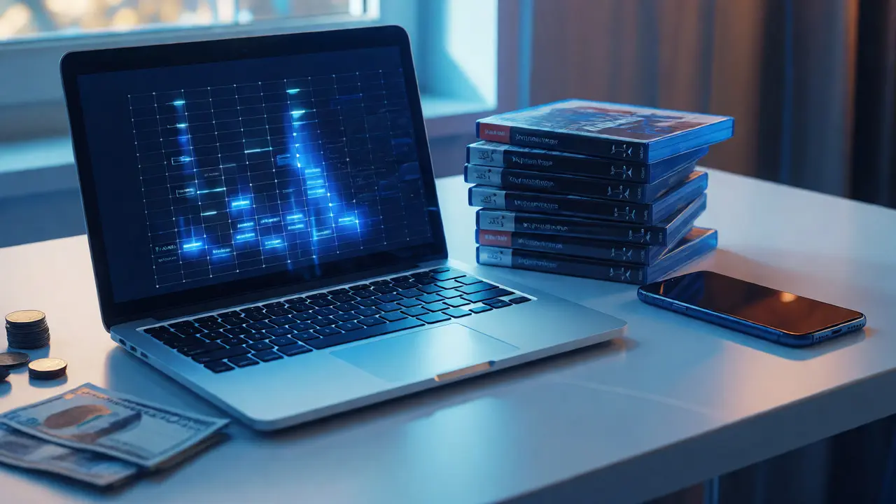 Organized desk setup with games, laptop, and phone representing inventory tracking and pricing.