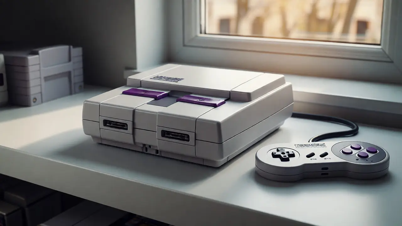 Restored gray Super Nintendo console sitting on a shelf in bright light