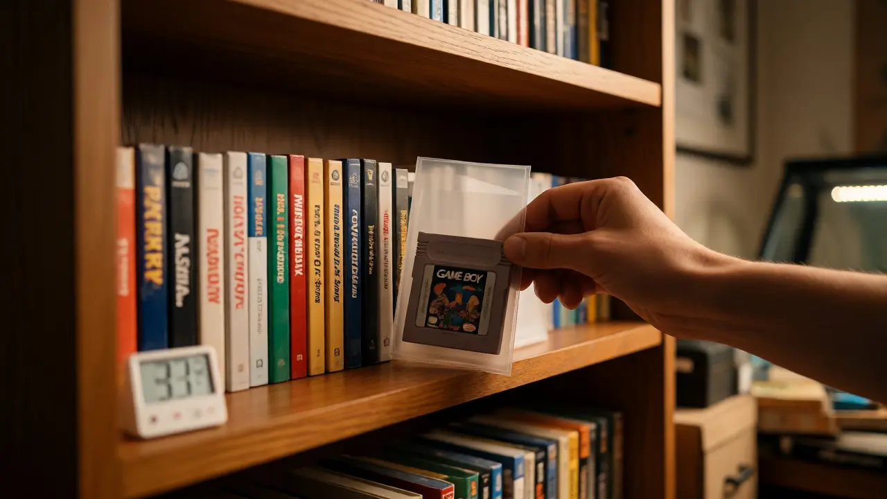 Retro games stored vertically in sleeves on a shelf