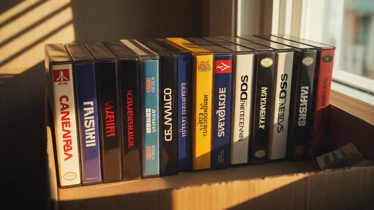 Shelf of neatly organized retro video game cartridges stored upright in cases.
