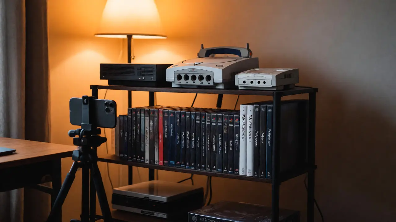Smartphone photographing a neat shelf of retro gaming consoles and games.