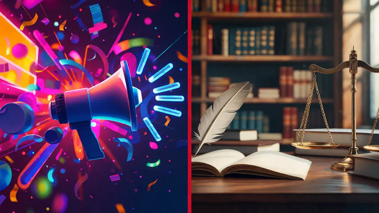 Split-screen art contrasting chaotic advertising with structured journalistic balance.