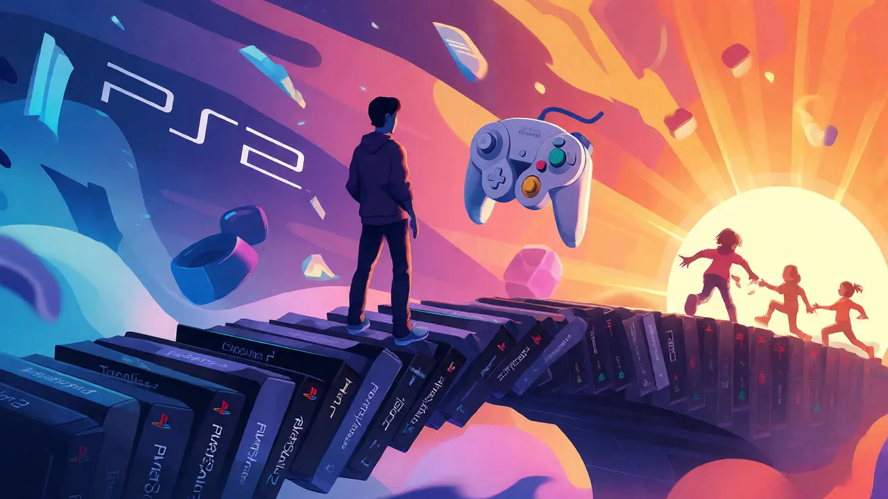 Surreal illustration of nostalgia cycle connecting adult gamers to their childhood past